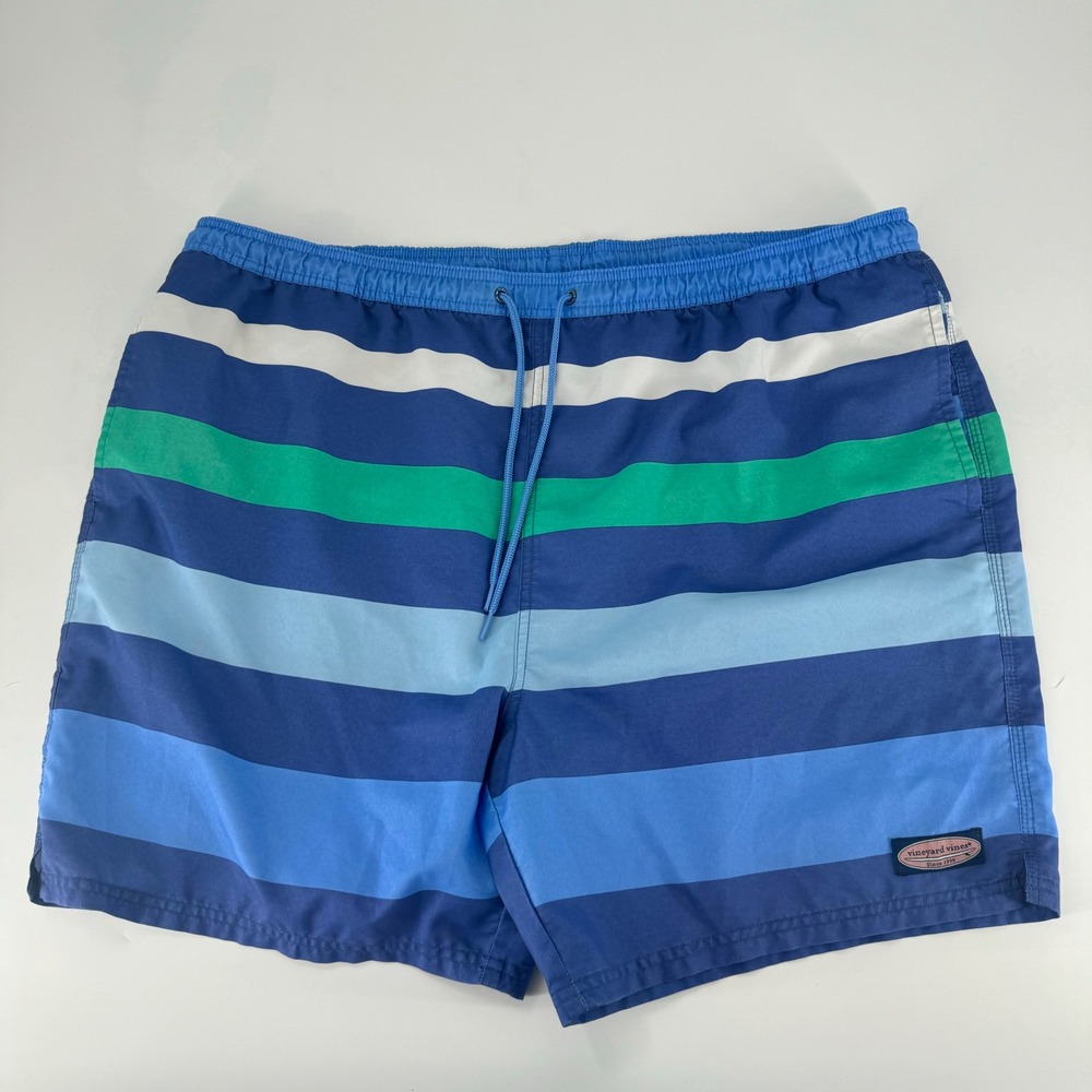 Vineyard Vines Mens XXL Chappy Swim Trunks Blue Green Striped Board Shorts